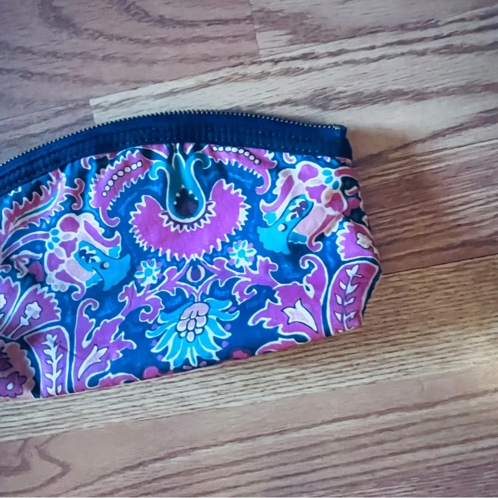 New J. Crew Paisley Print Zippered Cosmetic Bag with Tassel Navy Blue & Pink